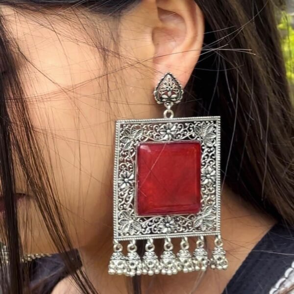 Vintage Afghani Silver Filigree with Lapis Blue Resin and Red Resin Earrings