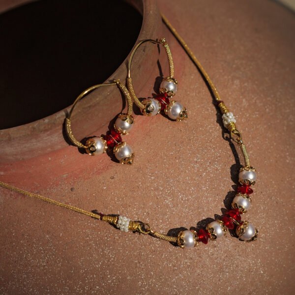 Himachali Pearl & Red Bead Chandrahaar Mala Set – 1 Gram Gold Polish