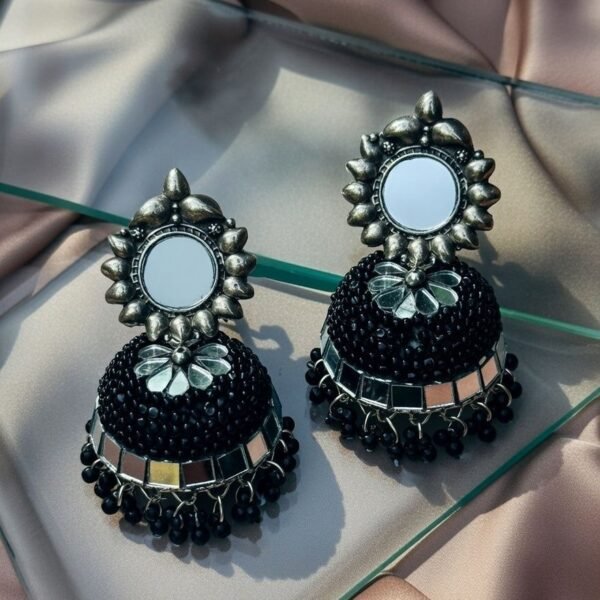 Tribal Mirror-Work Jhumka Earrings with Black Beaded Accent