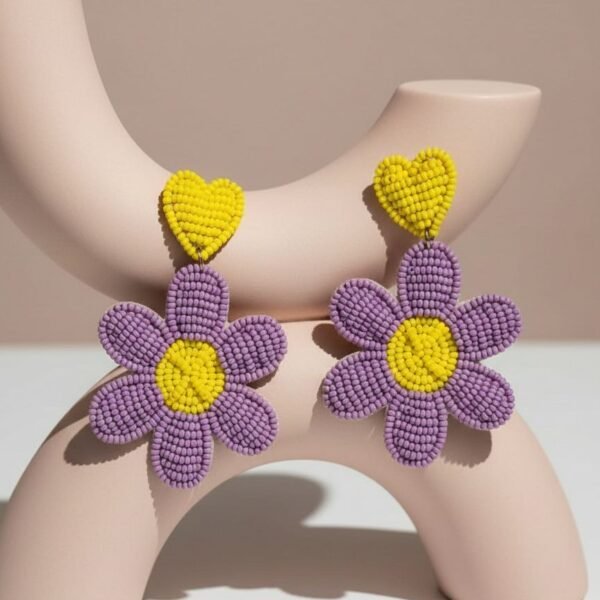 Purple Yellow Beads Flower Earrings